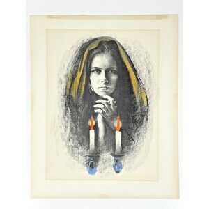 Vintage Shabbas Candles Israel Jewish Heritage Litho By Sandu Liberman, Unsigned